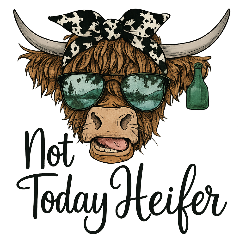 DTF Heat Transfer Iron On Sticker , Highland Cow with Green Sunglasses and Bandana , "Not Today Heifer" Western Style Decal for Clothing, Tote Bags