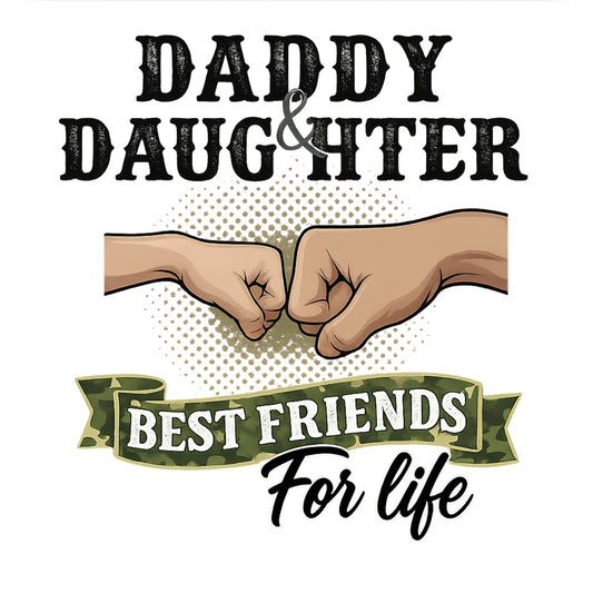 DTF Heat Transfer Iron On Sticker , "DADDY and DAUGHTER" Fist Bump Friendship Design , Vintage Polka Dot Background with Camouflage Ribbon and Military-Inspired Aesthetic ,  Family Bonding Apparel Decal for T-Shirts, Hoodies, Tote Bags