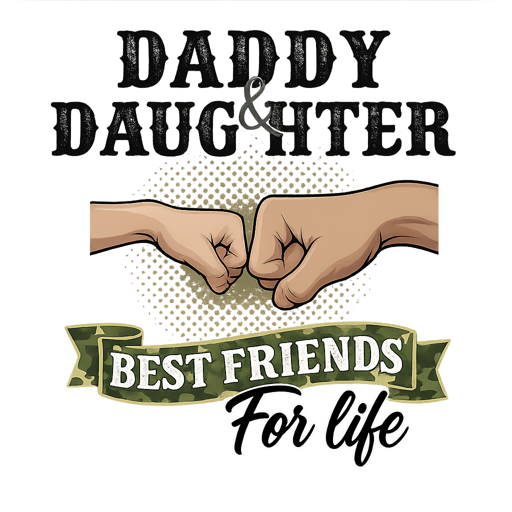 DTF Heat Transfer Iron On Sticker , "DADDY and DAUGHTER" Fist Bump Friendship Design , Vintage Polka Dot Background with Camouflage Ribbon and Military-Inspired Aesthetic ,  Family Bonding Apparel Decal for T-Shirts, Hoodies, Tote Bags