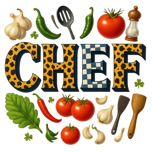 DTF Heat Transfer Iron On Sticker , Vibrant Chef, Garlic, Chili Peppers and Kitchen Tools , Wholesome Kitchen Aesthetic Sticker for Home Decor, Cooking Enthusiast Apparel and Tote Bags