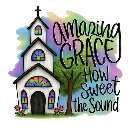DTF Heat Transfer Iron On Sticker , Gothic Church with Stained Glass and "Amazing Grace" Quote ,  Pink Roses and Green Tree on Pastel Watercolor Background , Inspirational Christian Merch for T-Shirts, Hoodies, Tote Bags