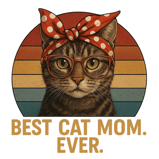Retro Best Cat Mom Ever Iron-On Transfer – Realistic Tabby Cat with Glasses & Bandana | Heat Press Decal for T-Shirts, Bags & Gifts