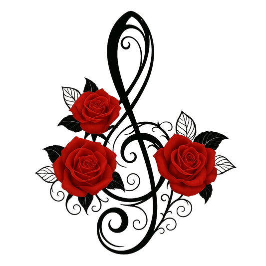 Music Note Rose Iron On Transfer for T-Shirts , DTF Heat Transfer Patch , Red Rose Floral Treble Clef Decal for DIY Clothing, Bags