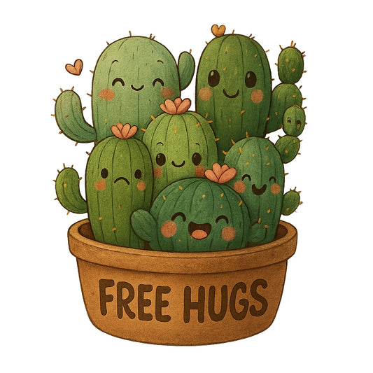 Cute Cactus "Free Hugs" Iron-On Transfer,Funny DTF Heat Transfer Patch for T-Shirts, Tote Bags, Hoodies
