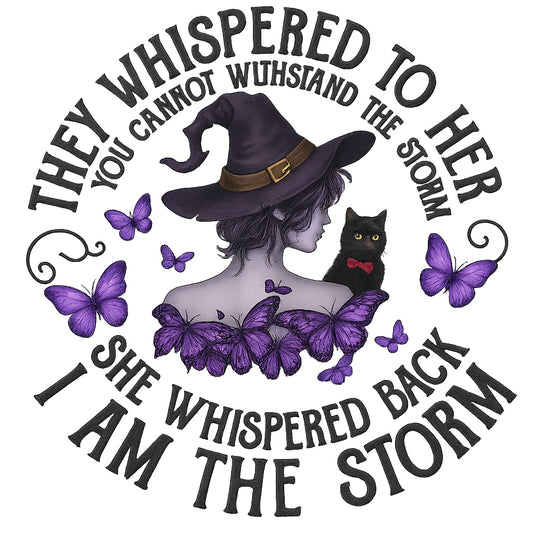 I Am The Storm Witch Girl DTF Heat Transfer,Gothic Purple Butterfly Iron-On Decal for T-Shirts, Halloween Witchcraft Sublimation, DIY Apparel Print for Women, Ready to Press