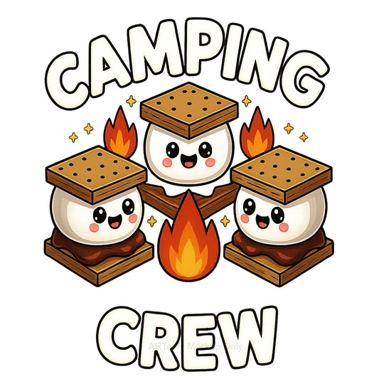 DTF Heat Transfer Iron On Sticker, Cute Camping S'mores & CAMPING CREW Text, For Outdoor Adventure Apparel And Camping Trips
