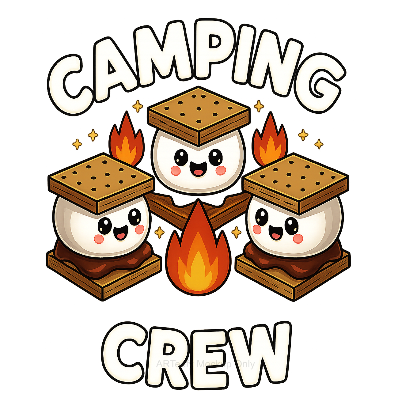 DTF Heat Transfer Iron On Sticker, Cute Camping S'mores & CAMPING CREW Text, For Outdoor Adventure Apparel And Camping Trips