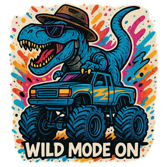 DTF Heat Transfer Iron On Sticker, Colorful Dinosaur Monster Truck Wild Mode Graphic, for Trendy Adventure Apparel and Funky Outdoor Merch