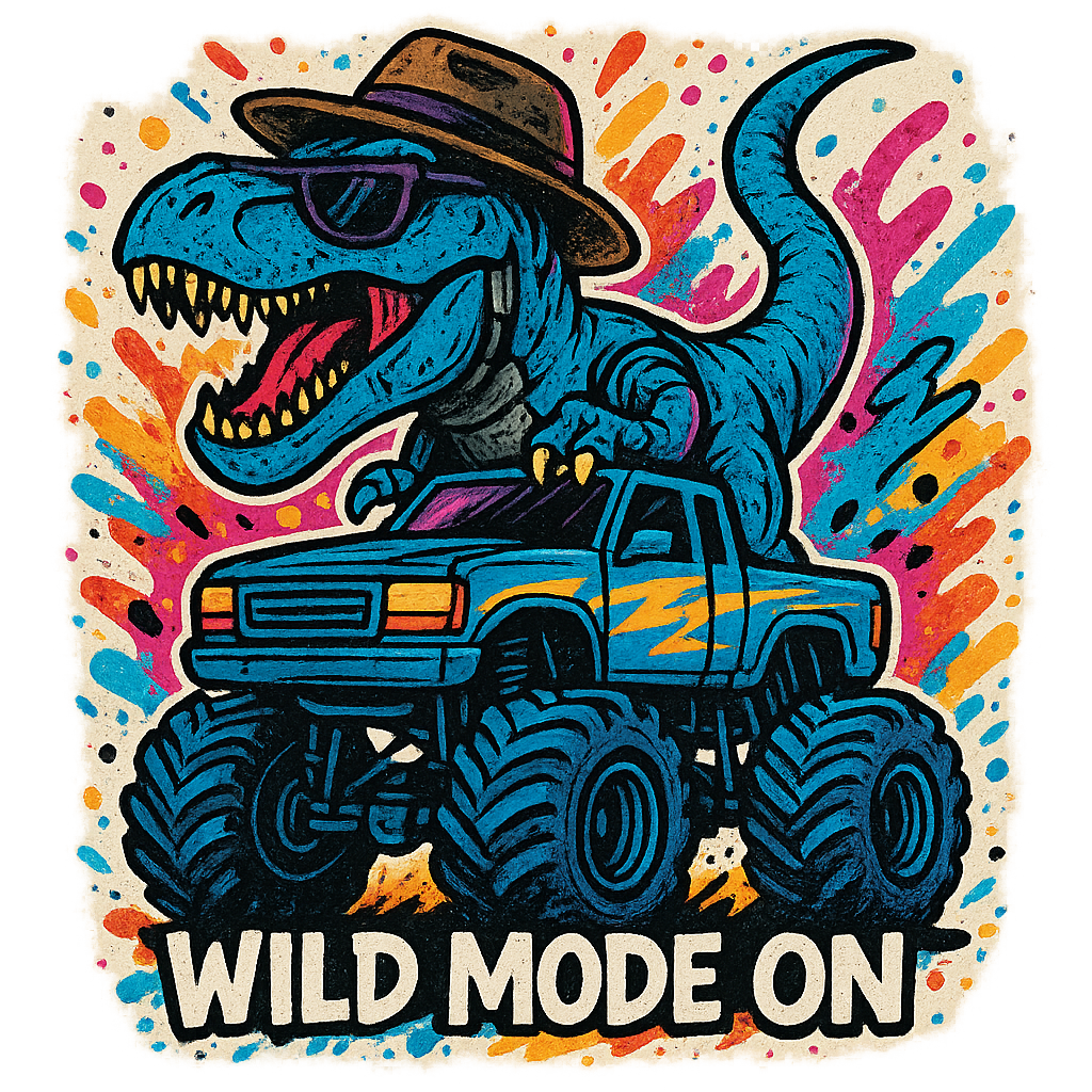 DTF Heat Transfer Iron On Sticker, Colorful Dinosaur Monster Truck Wild Mode Graphic, for Trendy Adventure Apparel and Funky Outdoor Merch