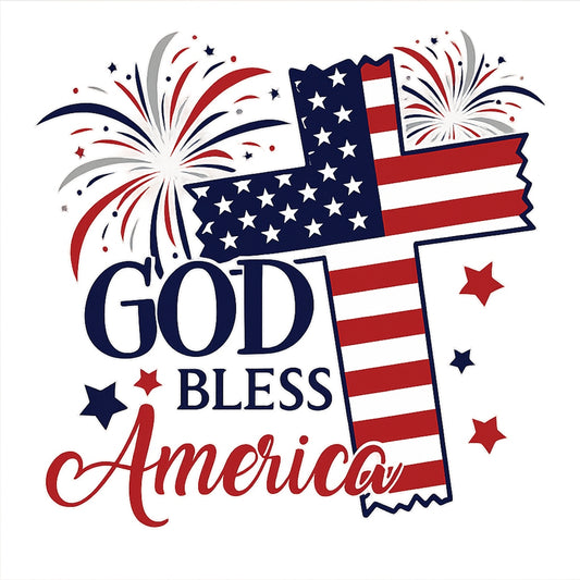 DTF Heat Transfer Iron On Sticker, Patriotic God Bless America Graphic, for 4th of July Apparel and Independence Day Decor