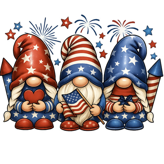 DTF Heat Transfer Iron On Sticker, Patriotic Gnome 4th of July Graphic, for Independence Day Apparel and Celebration Decor