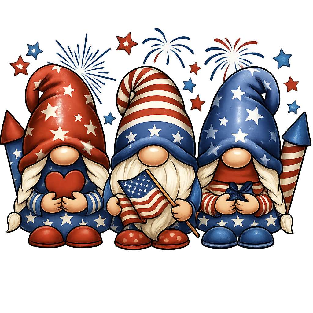 DTF Heat Transfer Iron On Sticker, Patriotic Gnome 4th of July Graphic, for Independence Day Apparel and Celebration Decor