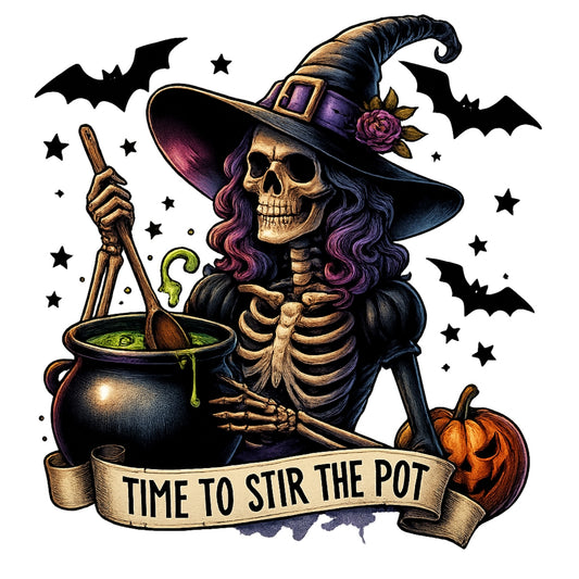 DTF Heat Transfer Iron On Sticker, Halloween Witch Skull Graphic, for Halloween Apparel and Spooky Decor