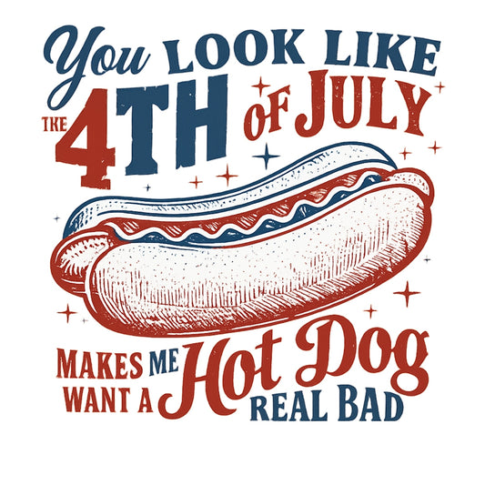 DTF Heat Transfer Iron On Sticker, 4th of July Hot Dog Graphic, for Patriotic Apparel and Independence Day Decor