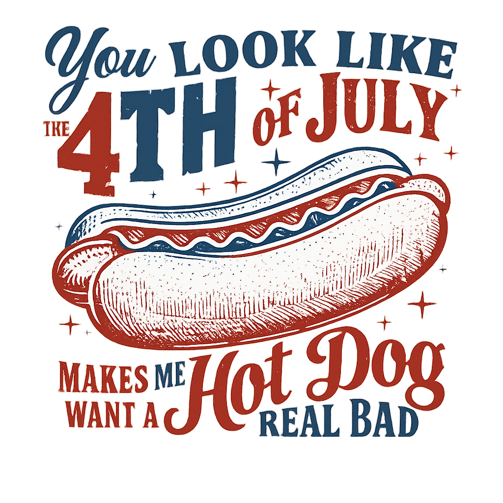 DTF Heat Transfer Iron On Sticker, 4th of July Hot Dog Graphic, for Patriotic Apparel and Independence Day Decor