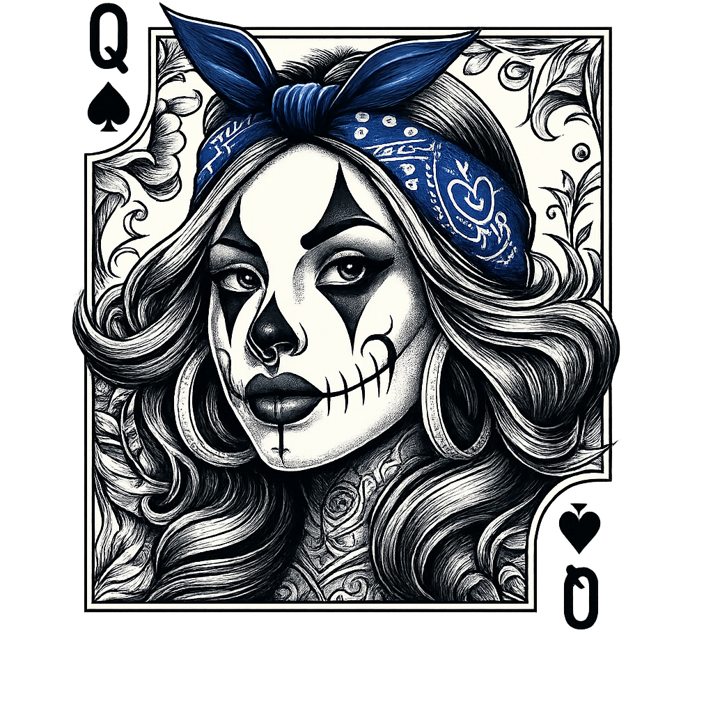 DTF Heat Transfer Iron On Sticker, Tattoo Style Queen Of Spades Graphic, For Edgy Apparel And Tattoo Art Decor