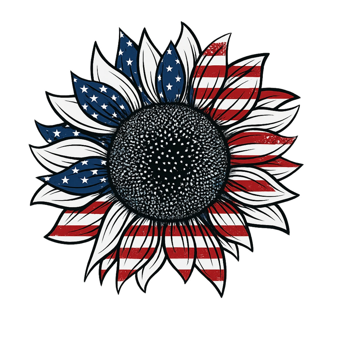DTF Heat Transfer Iron On Sticker, Patriotic Sunflower with USA Flag Graphic, for American Themed Apparel and Festive Decor