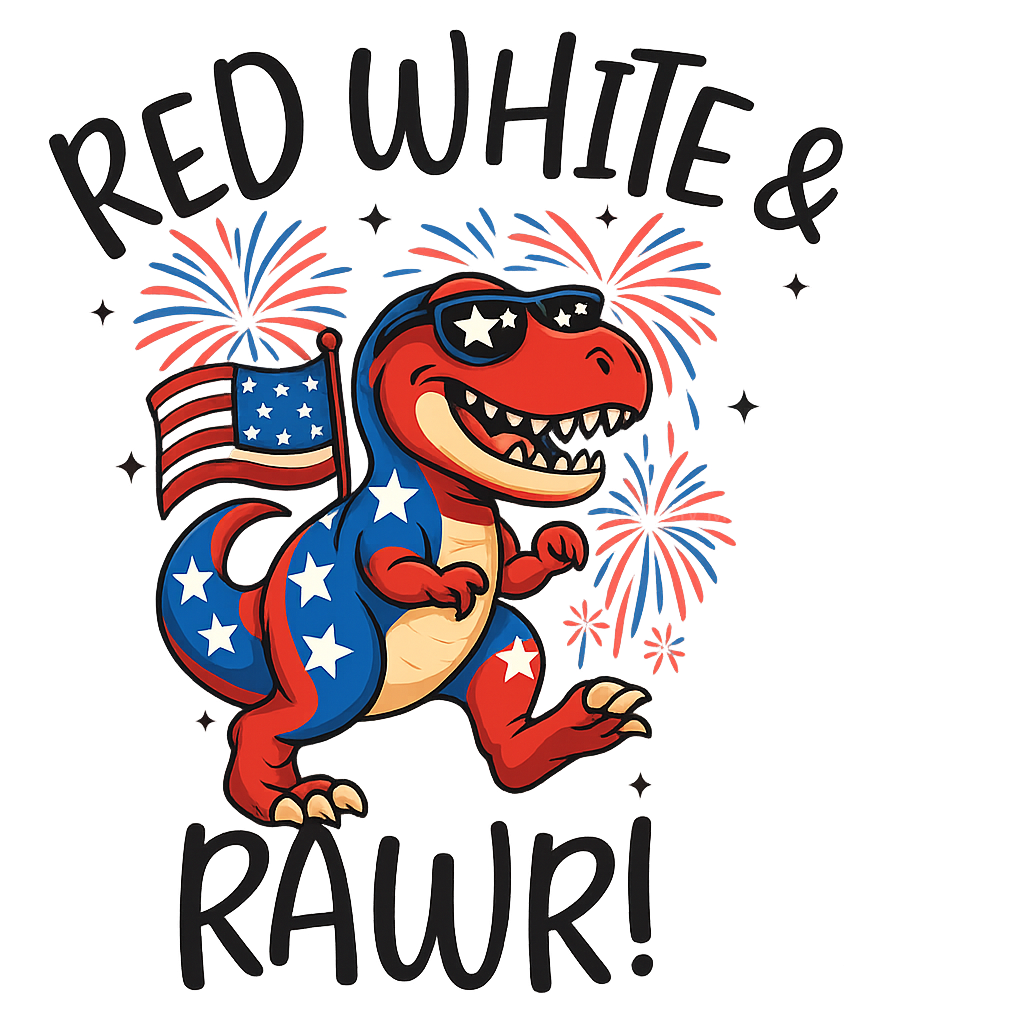 DTF Heat Transfer Iron On Sticker, Patriotic Dinosaur Graphic, For USA Themed Apparel And Festive Decor