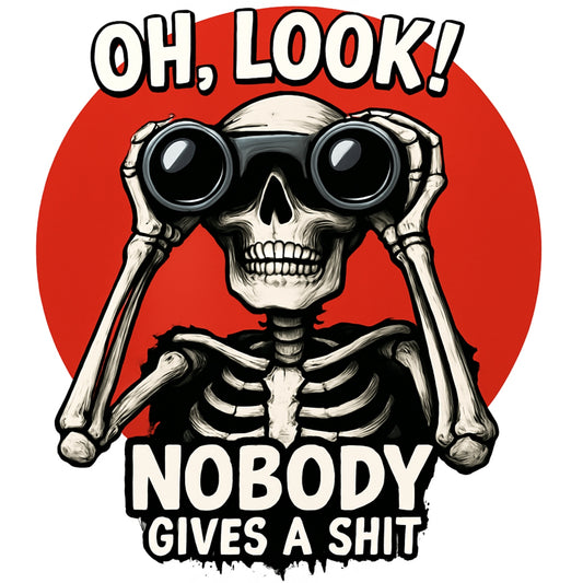 DTF Heat Transfer Iron On Sticker, Sarcastic Skull with Binoculars Graphic, for Edgy Apparel and Humor Driven Merch