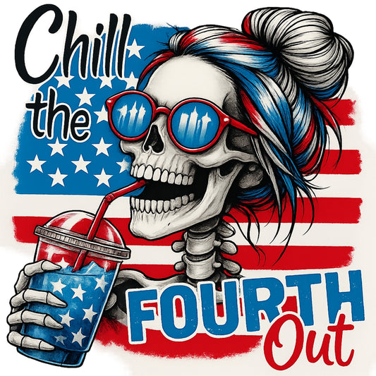 DTF Heat Transfer Iron On Sticker, Patriotic Skull Fourth of July Graphic, for Independence Day Apparel and Summer Celebration Merch