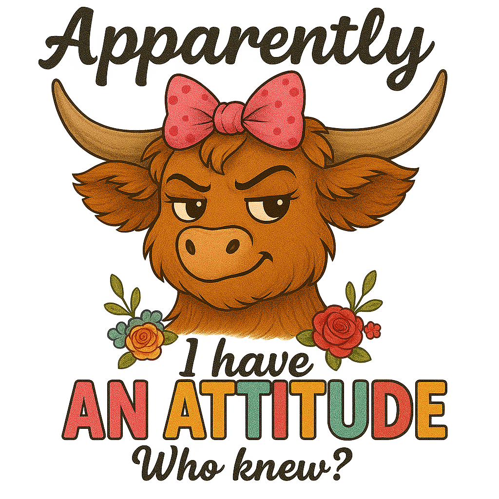 DTF Funny Highland Cow Iron-On Transfer “Apparently I Have an Attitude” Heat Press Decal, Sassy Cow with Bow, Full-Color DTF Print for DIY T-Shirts, Bags
