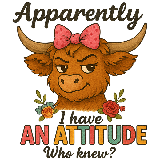 DTF Funny Highland Cow Iron-On Transfer “Apparently I Have an Attitude” Heat Press Decal, Sassy Cow with Bow, Full-Color DTF Print for DIY T-Shirts, Bags