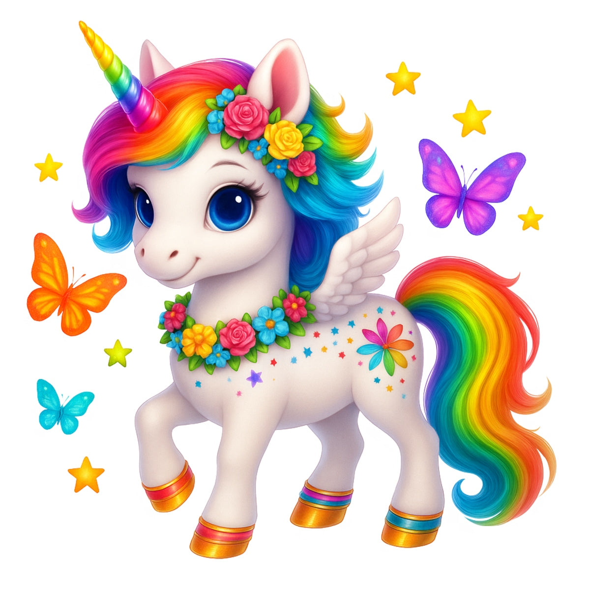 DTF Heat Transfer Iron On Sticker,Rainbow Unicorn with Wings, Flowers, and Stars Design for DIY Shirt, Fantasy Lover Gift, Magical Aesthetic Apparel Decoration