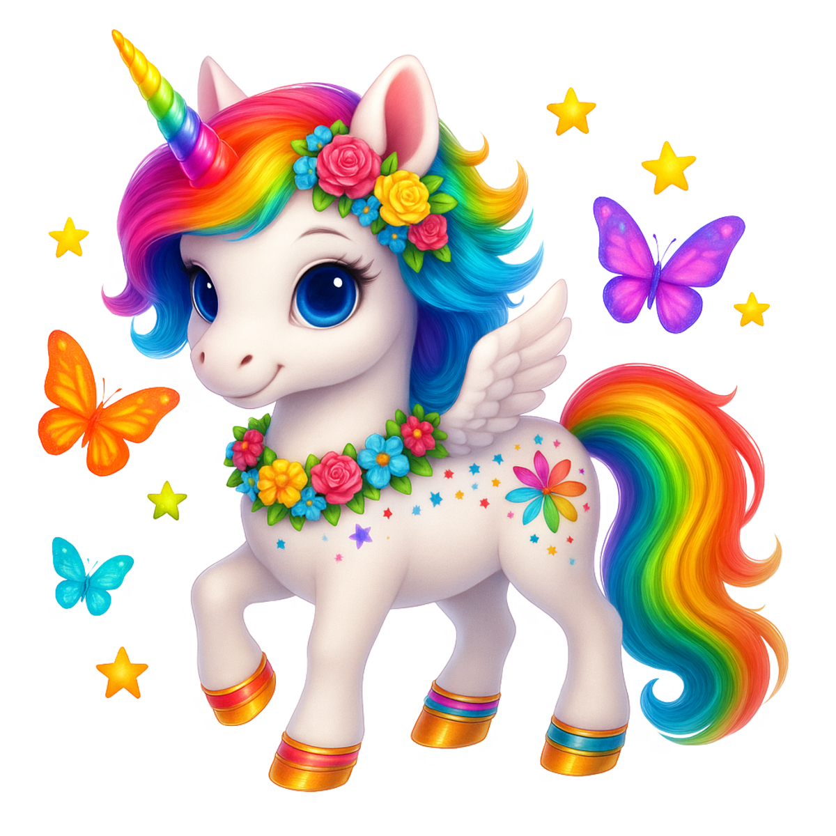 DTF Heat Transfer Iron On Sticker,Rainbow Unicorn with Wings, Flowers, and Stars Design for DIY Shirt, Fantasy Lover Gift, Magical Aesthetic Apparel Decoration