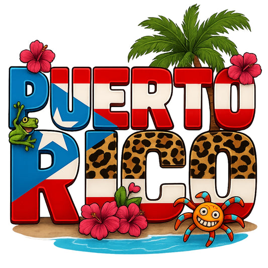 DTF Heat Transfer Iron On Sticker Puerto Rico Design Tropical Floral Palm Tree Hibiscus for T-Shirts Jeans Hoodies Bags DIY Crafts