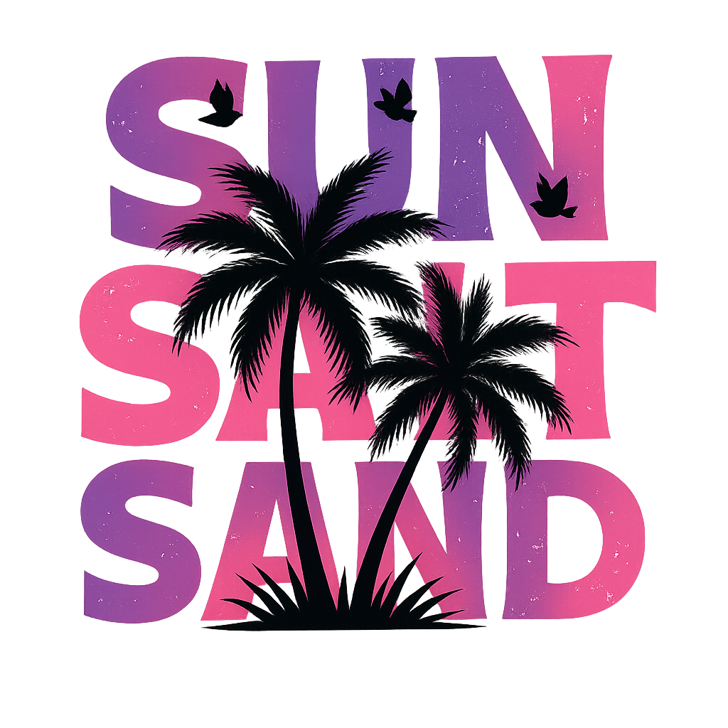 Sun Salt Sand DTF Transfer , Summer Beach Vibes Heat Press Decal, Palm Tree Retro Graphic Iron On Patch for T-Shirts, Hoodies, Bags ,  DIY Sublimation Ready,  Vibrant Tropical Sunset Design