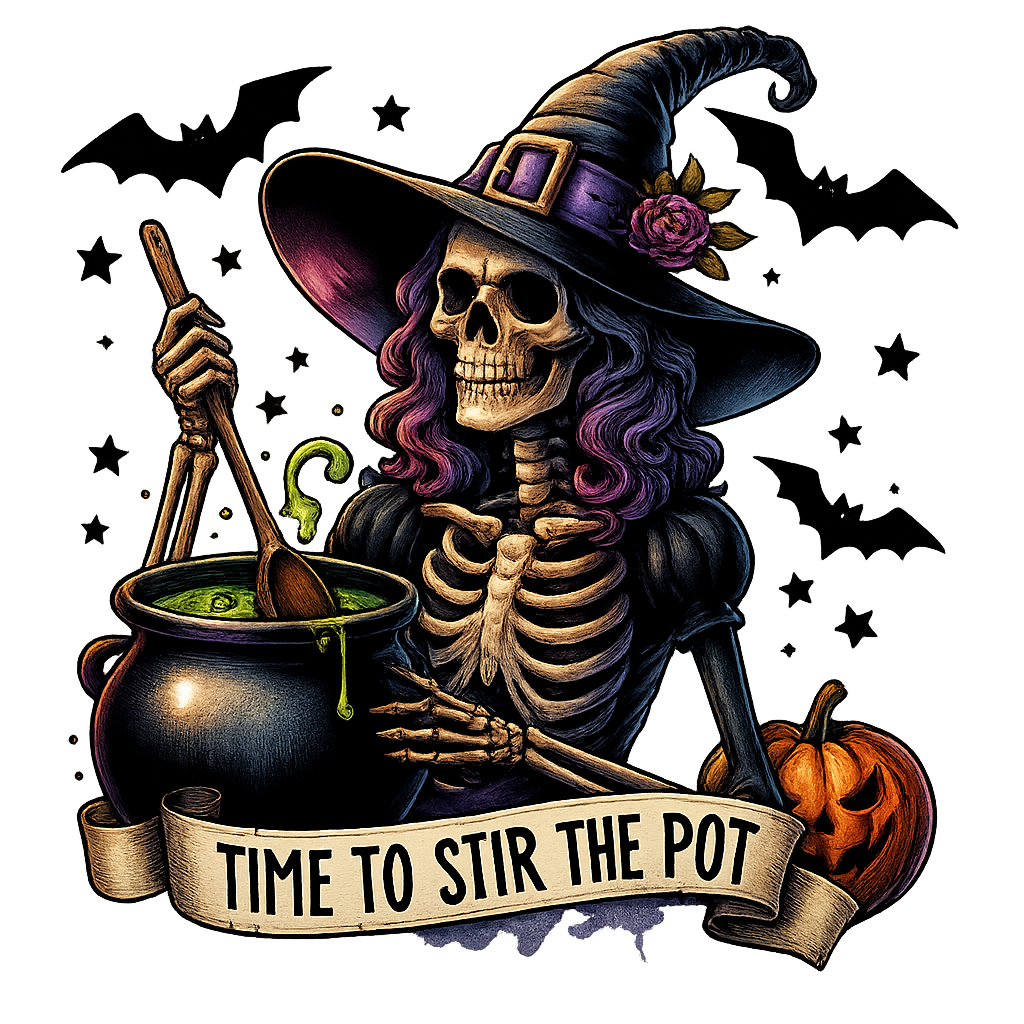 DTF Heat Transfer Iron On Sticker, Halloween Witch Skull Graphic, for Halloween Apparel and Spooky Decor