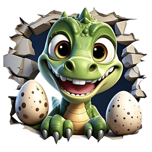 DTF Heat Transfer, Cute Cartoon Dinosaur with Speckled Eggs Breaking Cracked Wall, Vibrant Room Decor, Dinosaur Nursery Wall Art, Playful Home Decal Stickers, DTF Transfers for DIY Projects