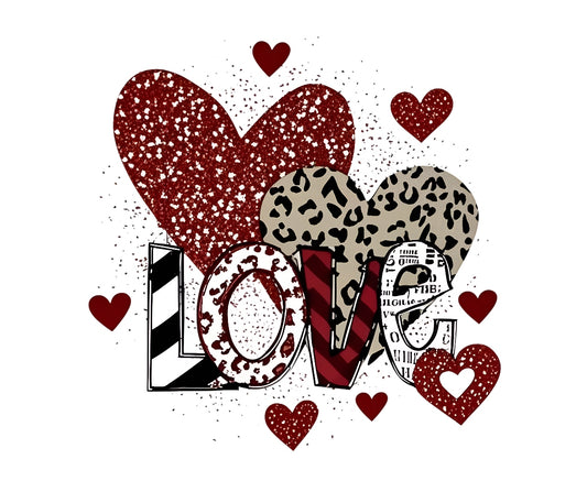 DTF Heat Transfer Iron On Sticker, Valentine's Day Heart Design with Glitter, Leopard Print, LOVE Letters for DIY T-Shirt