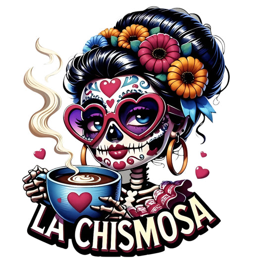 DTF Heat Transfer Iron On Sticker ,LA CHISMOSA Retro Halloween Merch for Clothing, Tote Bags, Party Decor , High Saturation Colors Skull Sticker with Pink Heart Sunglasses and Golden Hoop Earrings