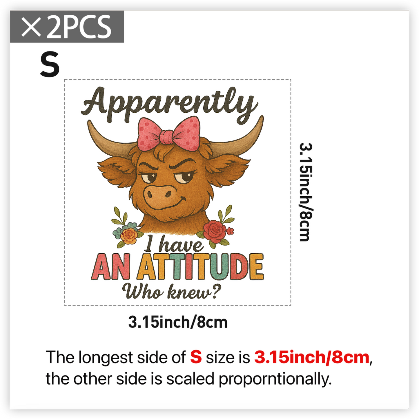DTF Funny Highland Cow Iron-On Transfer “Apparently I Have an Attitude” Heat Press Decal, Sassy Cow with Bow, Full-Color DTF Print for DIY T-Shirts, Bags