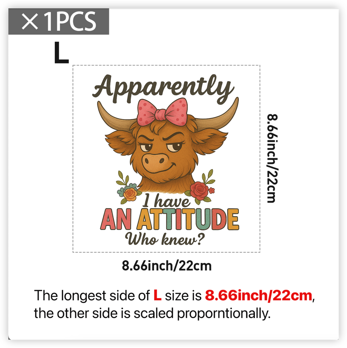 DTF Funny Highland Cow Iron-On Transfer “Apparently I Have an Attitude” Heat Press Decal, Sassy Cow with Bow, Full-Color DTF Print for DIY T-Shirts, Bags