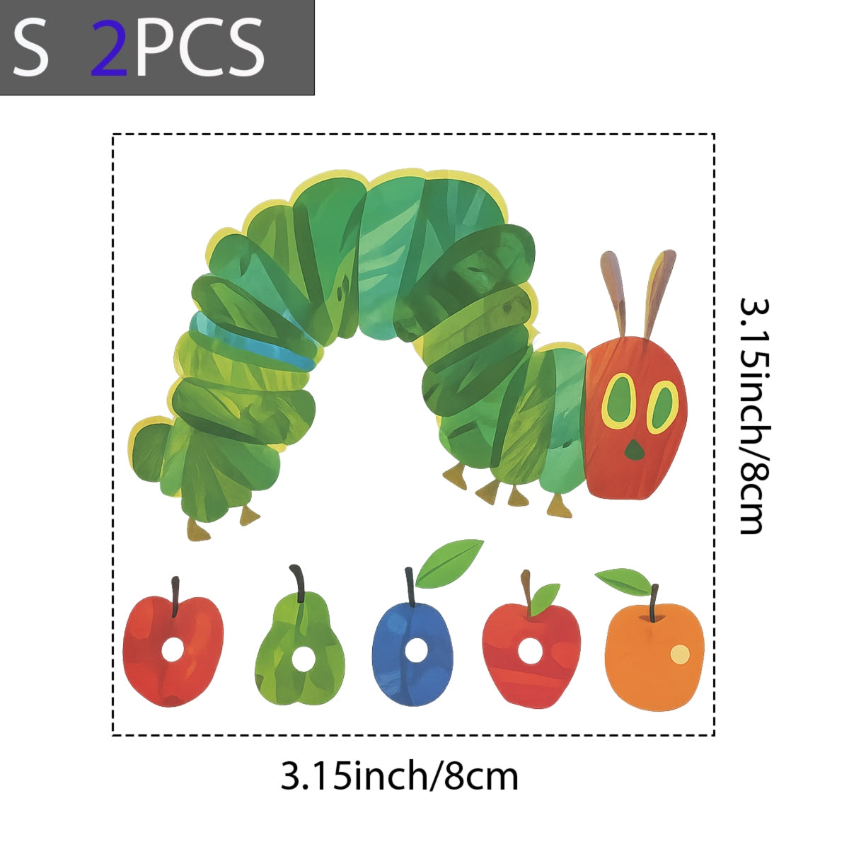 DTF Heat Transfer Iron On Sticker, Iconic Hungry Caterpillar & Fruit Graphic, for Retro Storybook Fashion & Literary Gifts