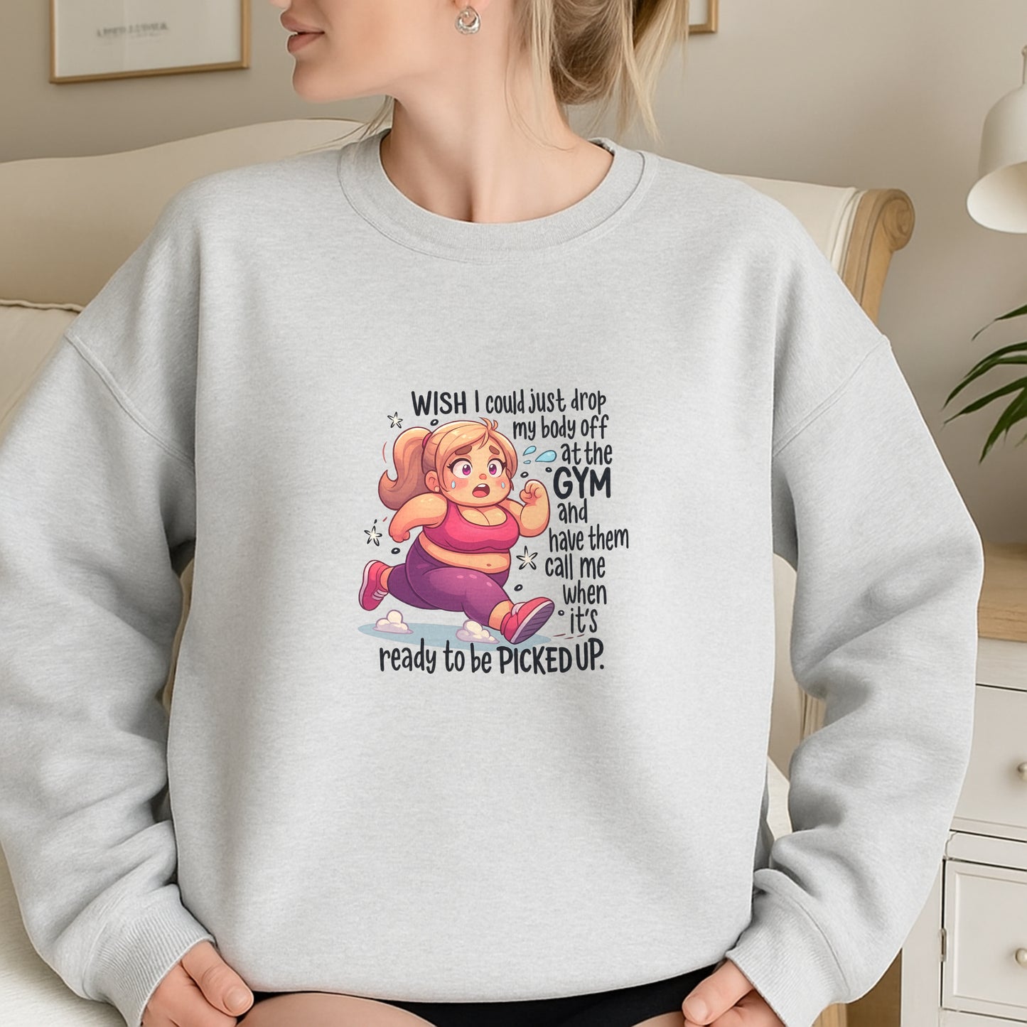 DTF Heat Transfer Iron On Sticker, Funny Gym Workout Cartoon with Relatable Quote, for Fitness, Humor Apparel