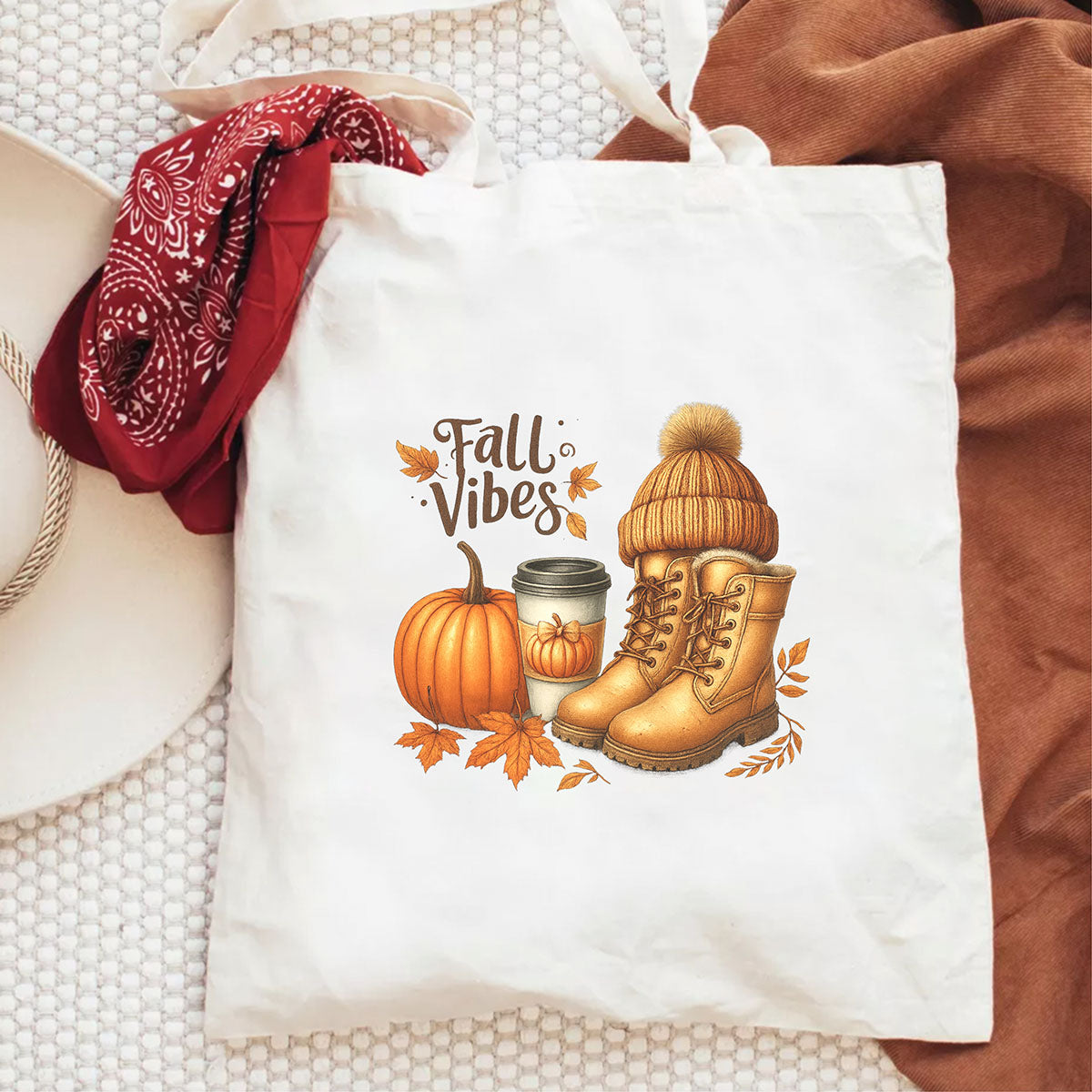 DTF Heat Transfer Iron On Sticker, Fall Vibes with Pumpkin, Boots & Coffee Design, for Autumn, Themed Apparel & Seasonal Decor