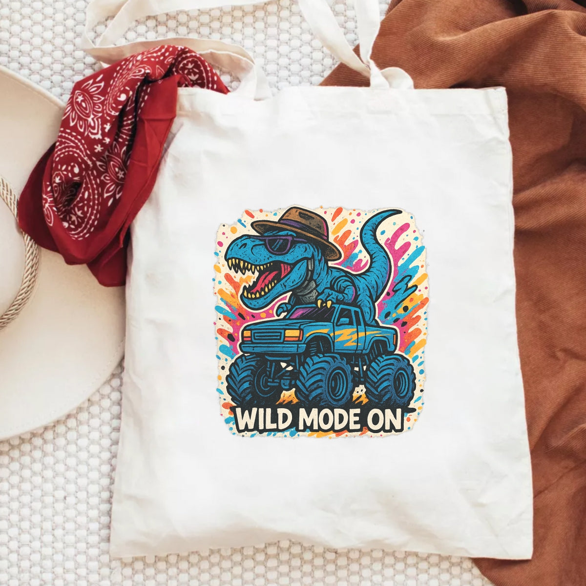 DTF Heat Transfer Iron On Sticker, Colorful Dinosaur Monster Truck Wild Mode Graphic, for Trendy Adventure Apparel and Funky Outdoor Merch