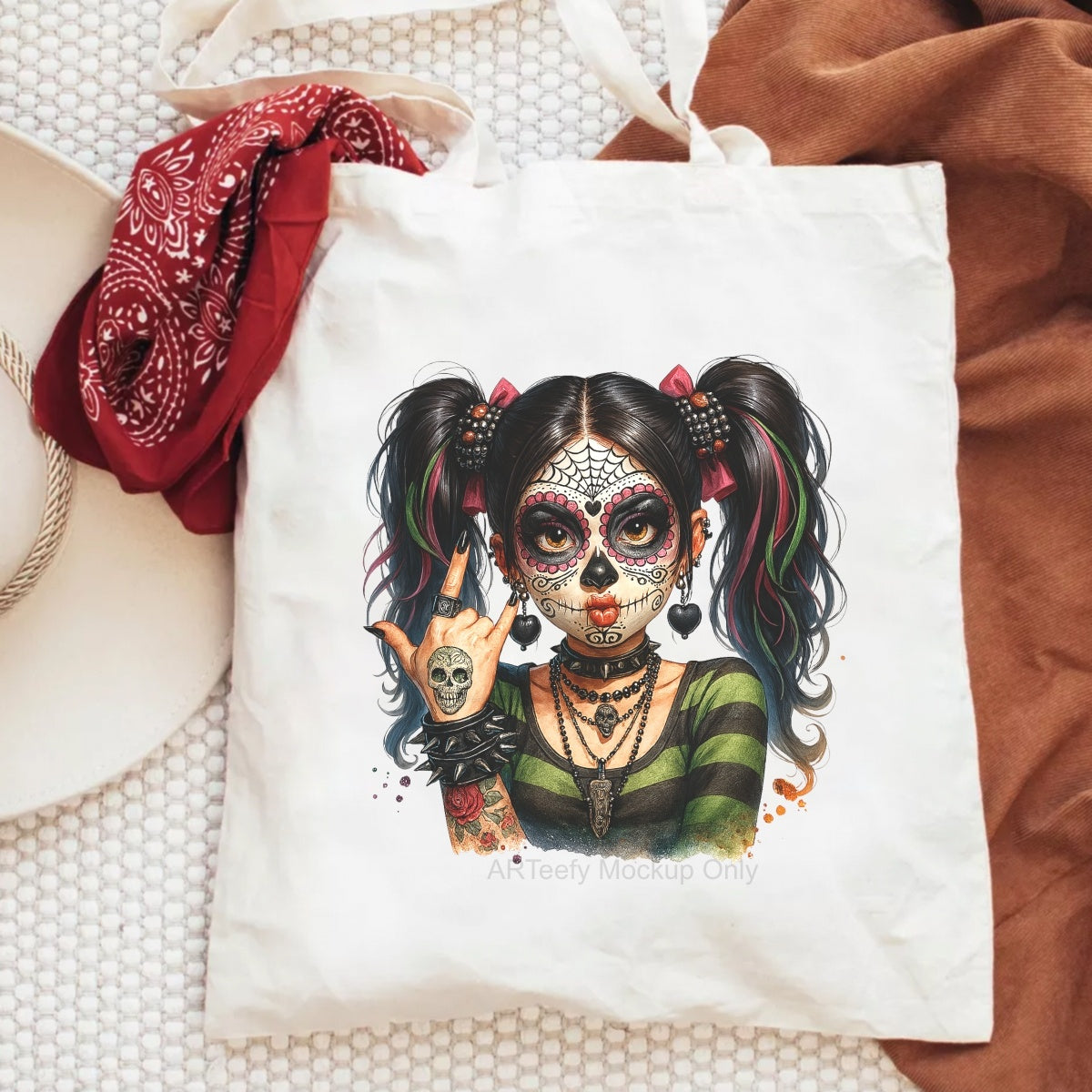 DTF Heat Transfer Iron On Sticker, Halloween Themed Stylish Sugar Skull Girl Elements, For Spooky Season Edgy Apparel and Halloween Party Decor