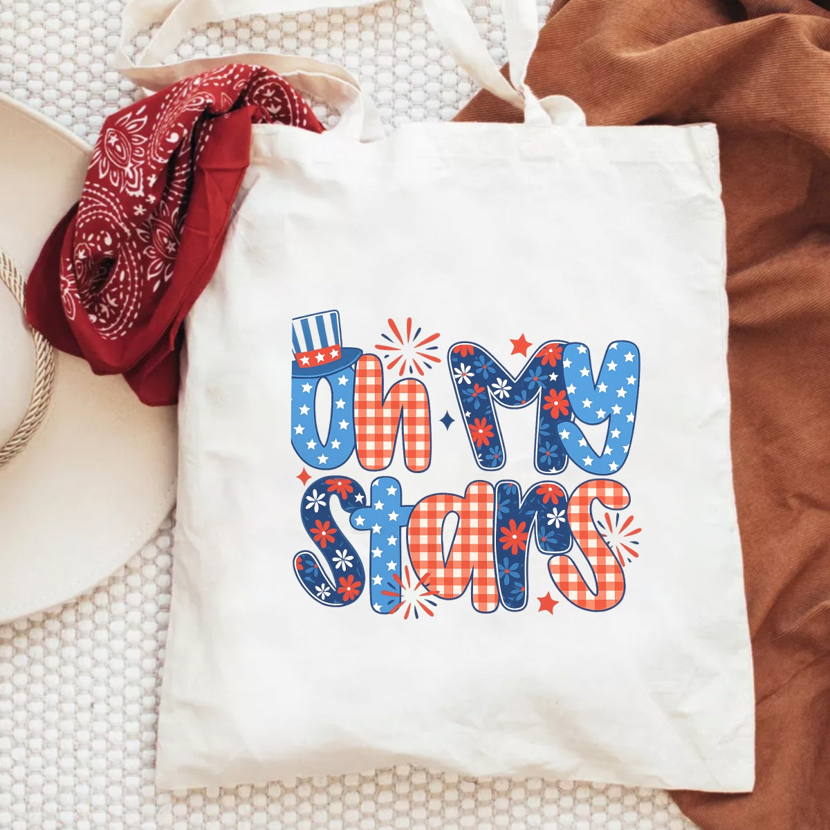 DTF Heat Transfer Iron On Sticker, Patriotic Oh My Stars Graphic, for 4th of July Apparel and Independence Day Decor