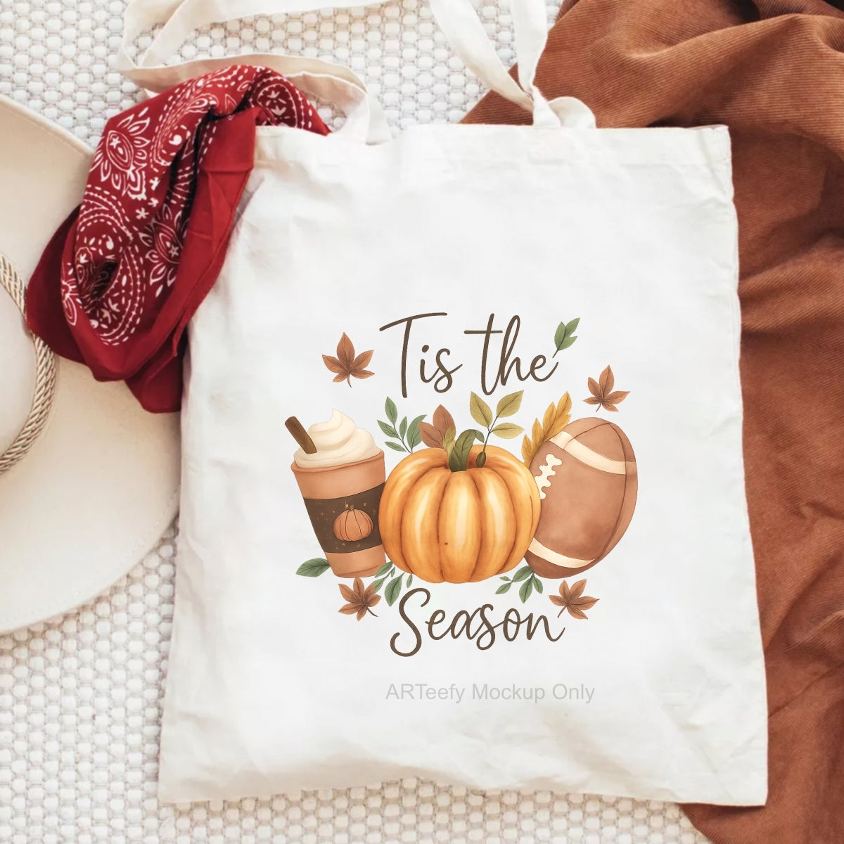 DTF Heat Transfer Iron On Sticker, Autumn Themed Pumpkin, Coffee & Football Elements with Tis the SeasonText, For Fall Inspired Apparel and Seasonal Decor