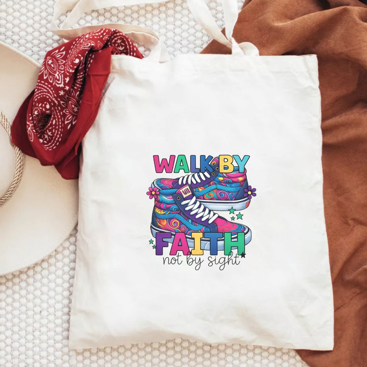 DTF Heat Transfer Iron On Sticker, Groovy Faith - Inspired Sneaker Graphic, for Spiritual Apparel and Fun Decor