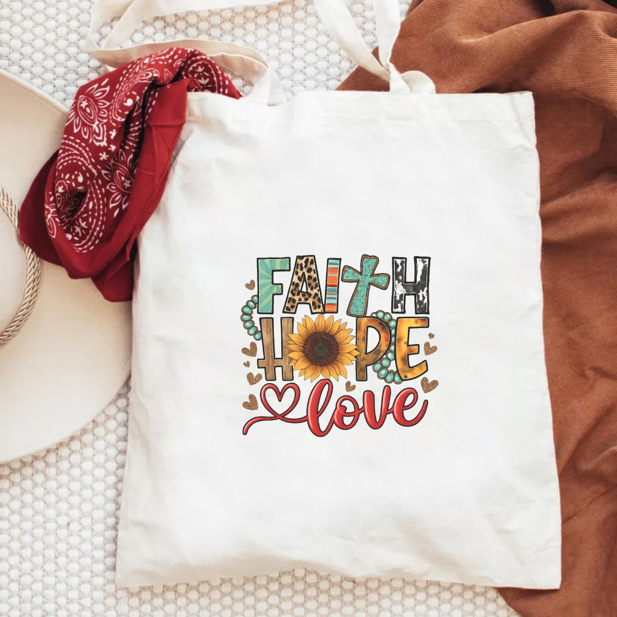 DTF Heat Transfer Iron On Sticker, Boho “Faith Hope Love” Graphic, for Spiritual Apparel and Cozy Decor