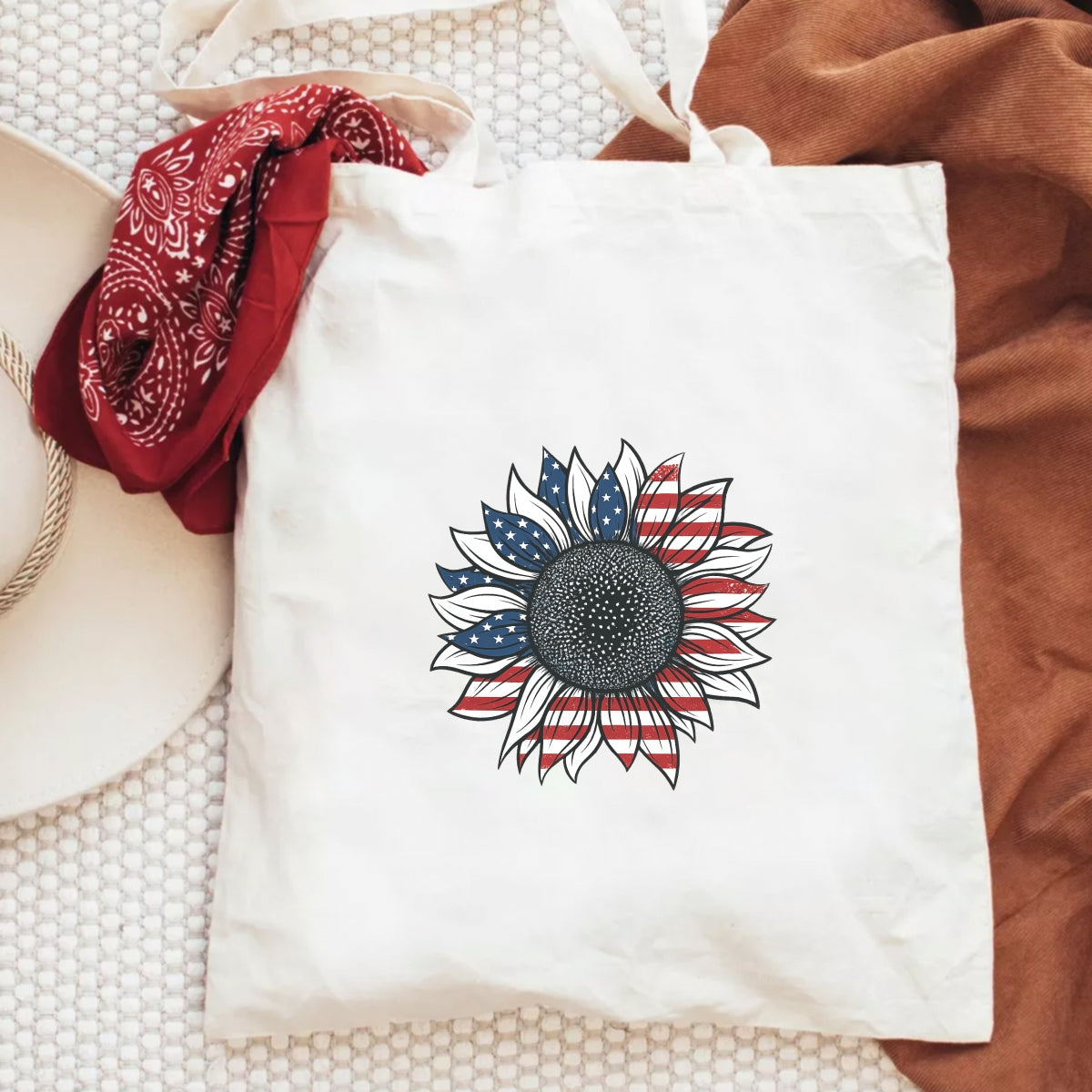 DTF Heat Transfer Iron On Sticker, Patriotic Sunflower with USA Flag Graphic, for American Themed Apparel and Festive Decor