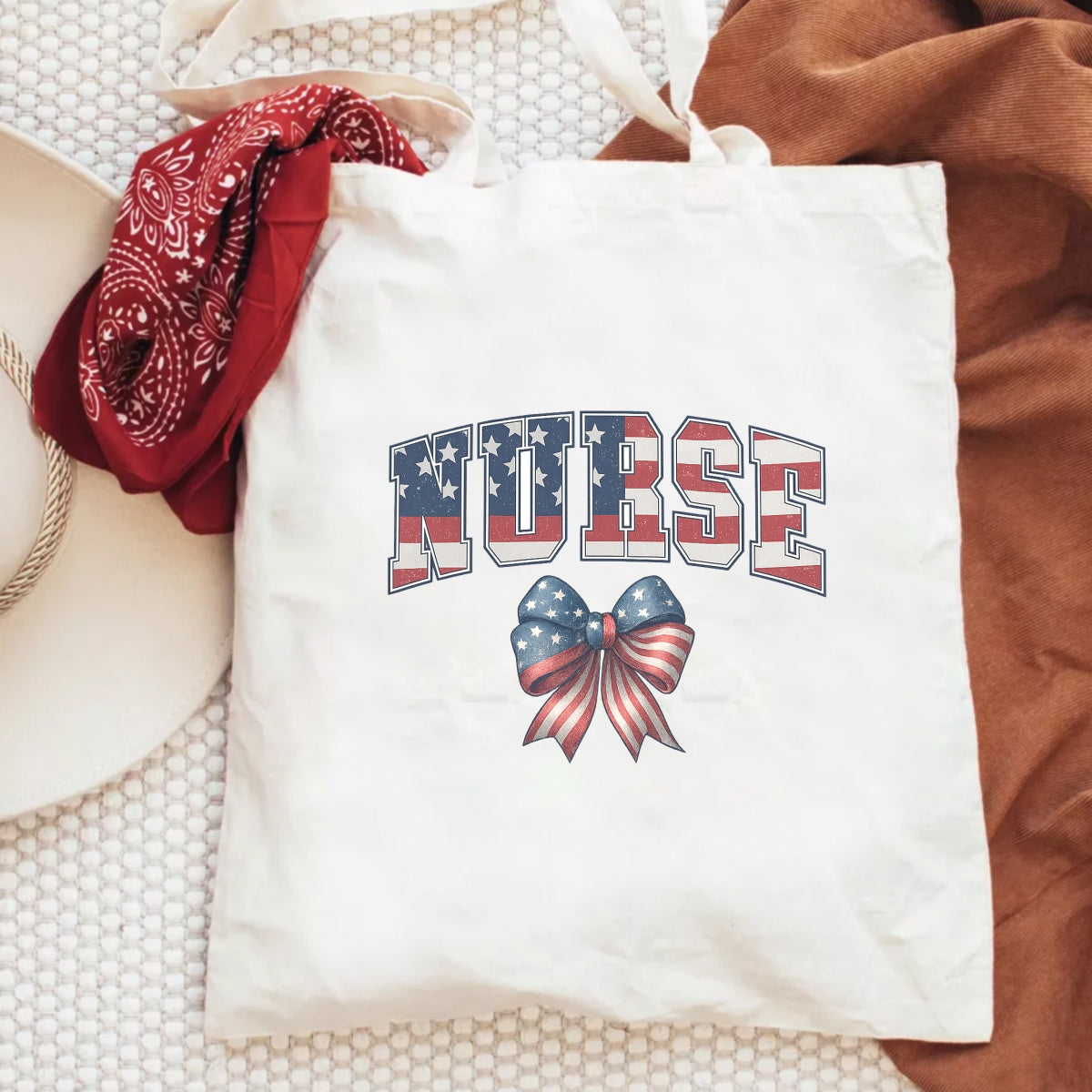DTF Heat Transfer Iron On Sticker, Patriotic Nurse American Flag Bow Design, for Nurse Apparel and Patriotic Medical Merch
