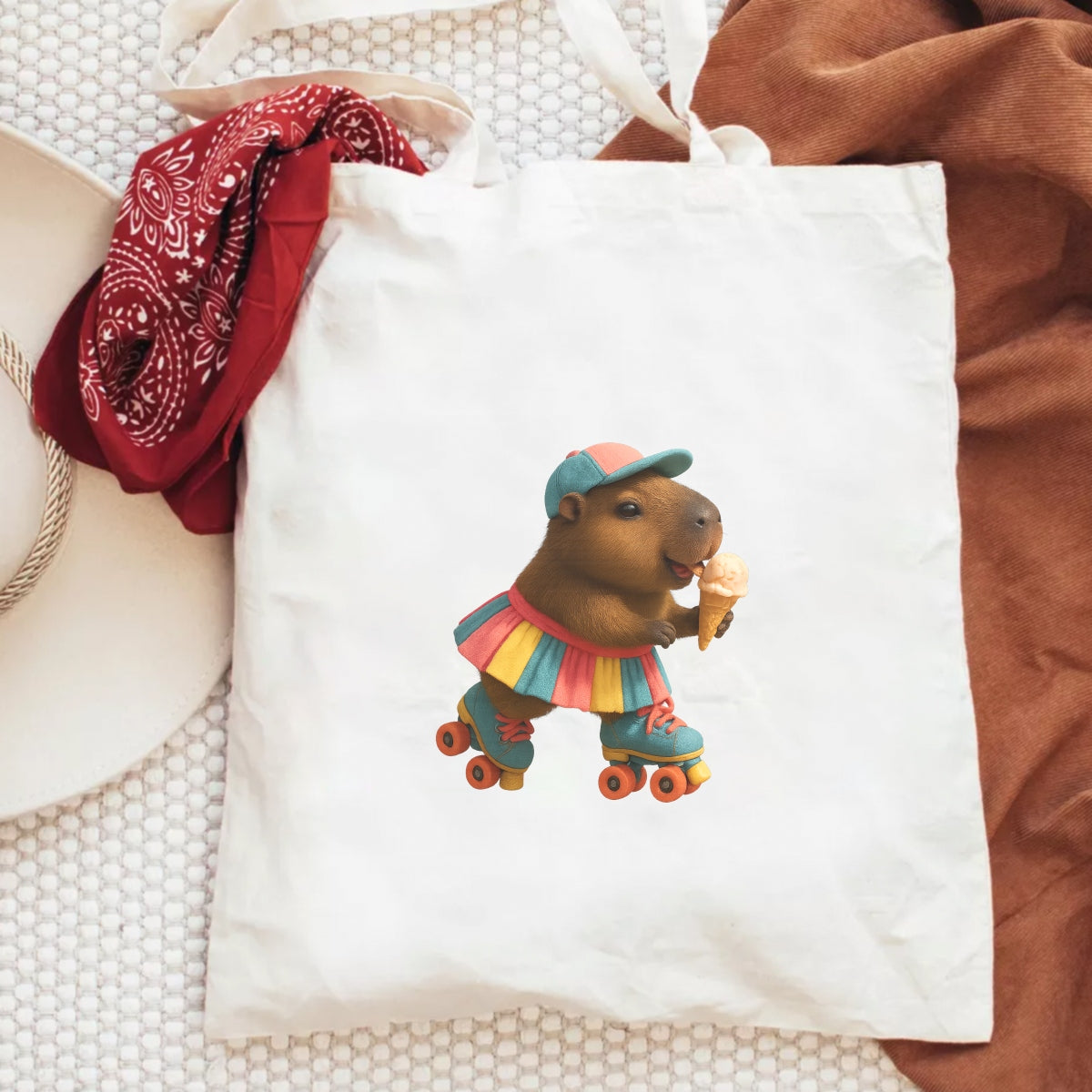 DTF Heat Transfer Iron On Sticker, Cute Capybara With Roller Skates & Ice Cream Graphic, For Fun Loving Apparel And Playful Decor