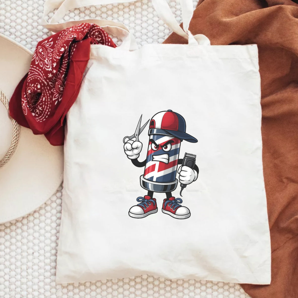 DTF Heat Transfer Iron On Sticker, Barber Pole Cartoon Character Graphic, for Barber Shop Apparel and Hairdresser Merch