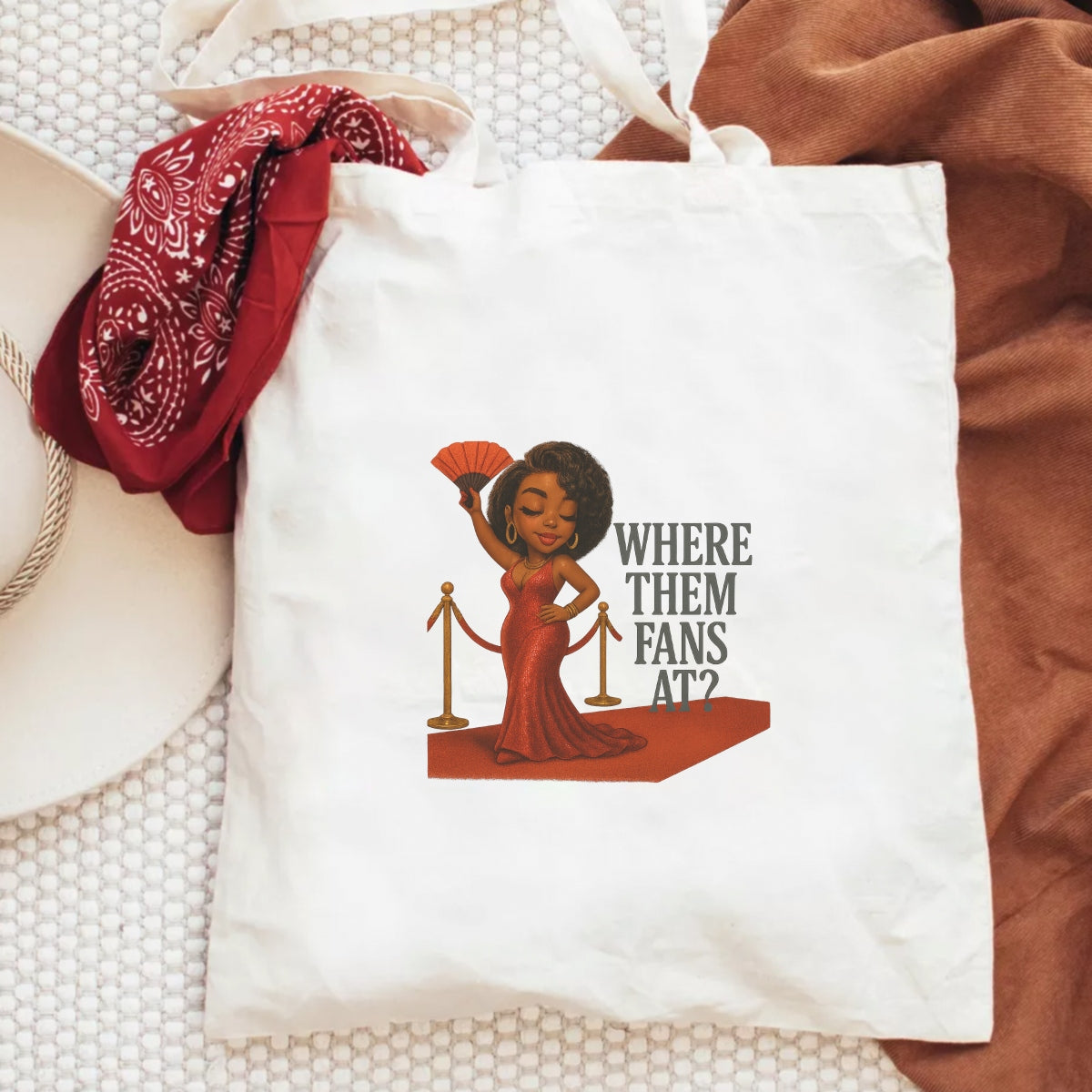 DTF Heat Transfer Iron On Sticker, Red Carpet Glam “Where Them Fans At?” Graphic, for Trendy Apparel and Event Themed Decor